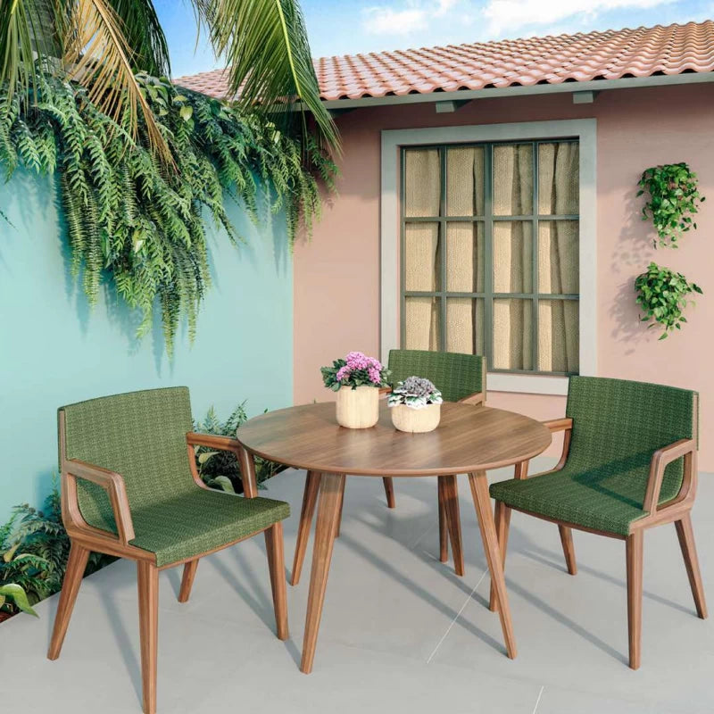 Outdoor patio set with wooden table and Artesanal Green design in custom made chairs.