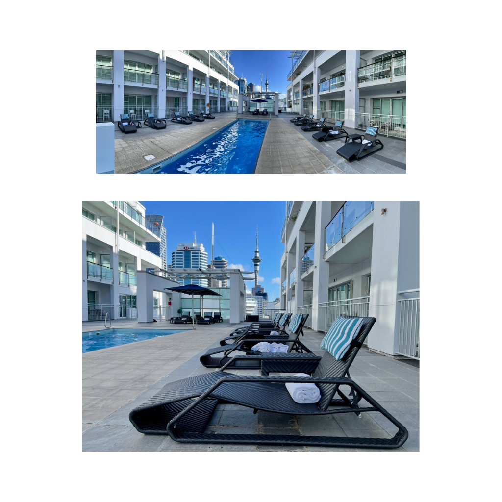 Two images of a pool area with lounge chairs and buildings in the background.