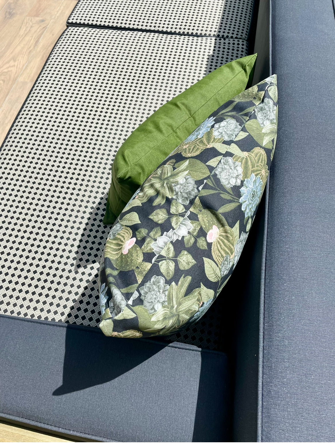 Terrario Preto, Duna Bandeira Green cushions on the custom made wooden sofa with custom made black/ carbon back squabs