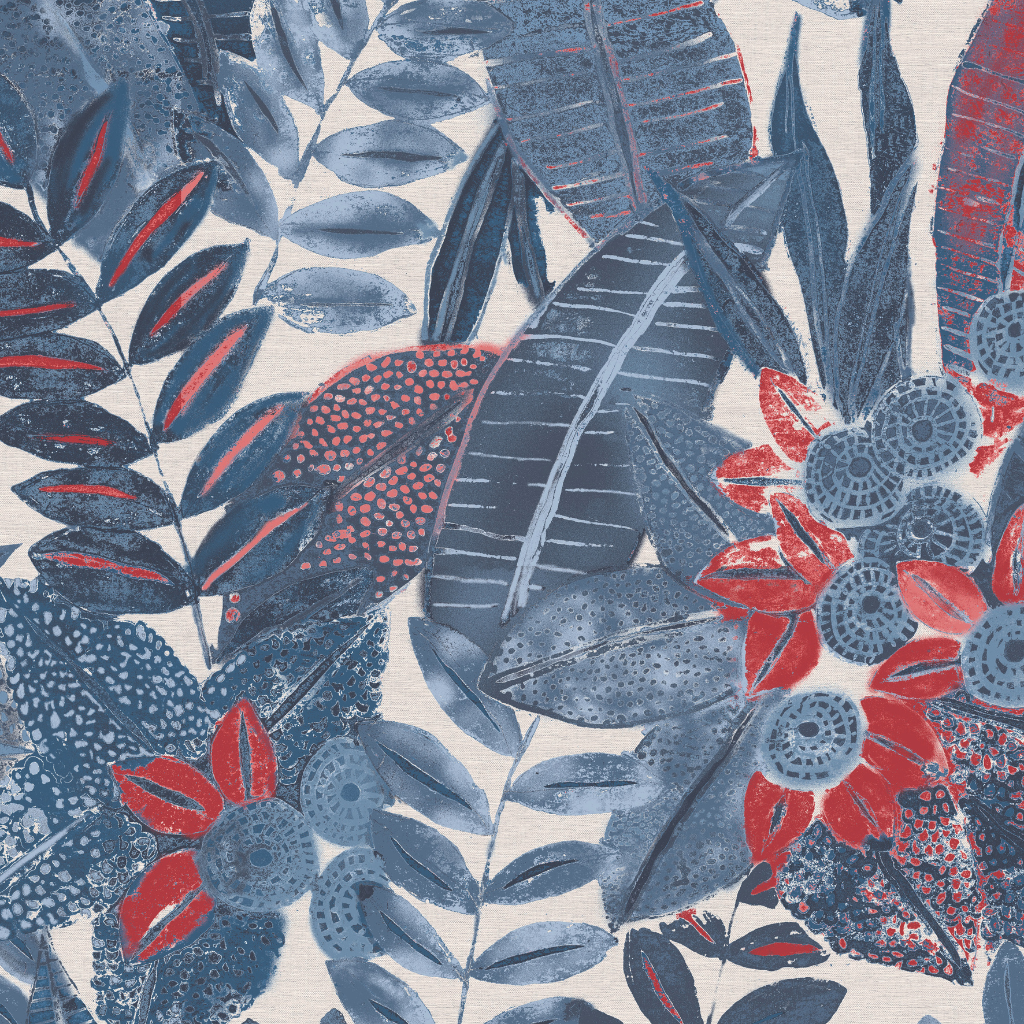 Pattern of blue and red leaves and flowers on a beige background