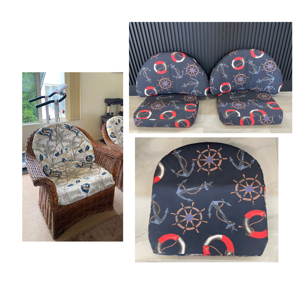 Chair cushions with nautical pattern and floral-patterned chair.