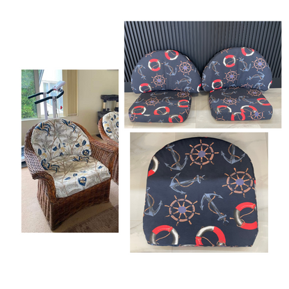 Chair cushions with nautical pattern and floral-patterned chair.