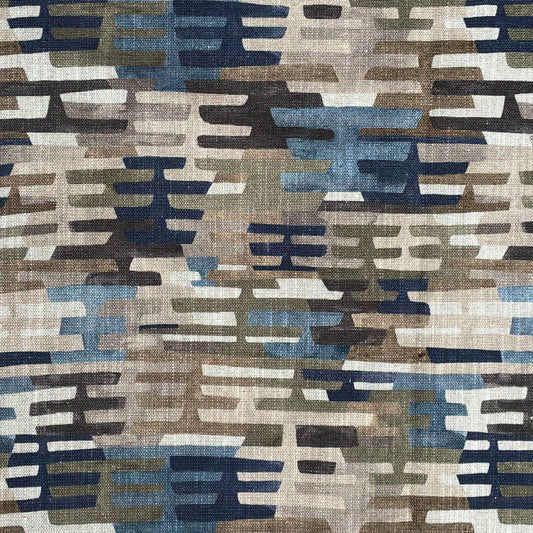 Patterned fabric with geometric design in brown, blue, and beige tones.