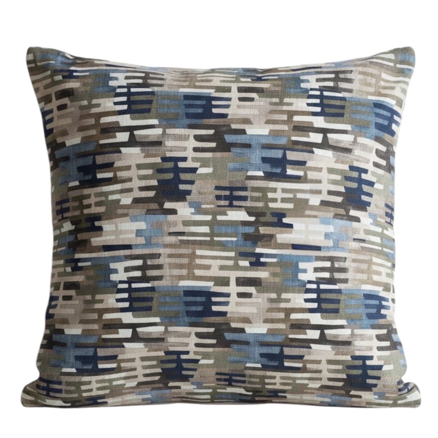 Decorative pillow with geometric rhythm pattern on a blue and white background