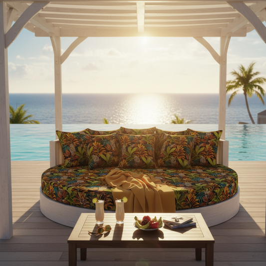 Outdoor seating area with floral-patterned sofa and table by a pool with ocean view