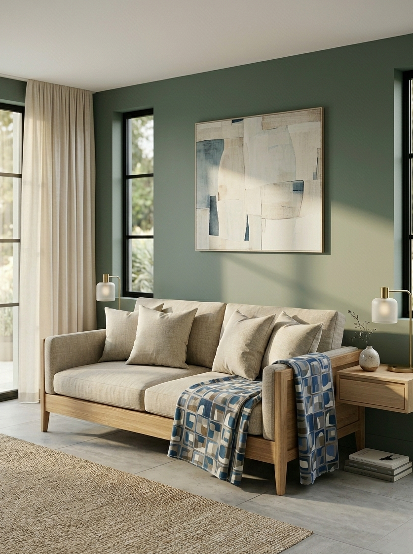 Modern living room with a beige sofa, abstract art, and large windows.