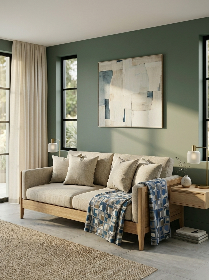 Modern living room with a beige sofa, abstract art, and large windows.